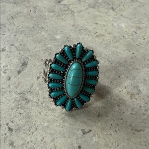 Vintage Faux Turquoise and Silver Women's Stretch Band Ring